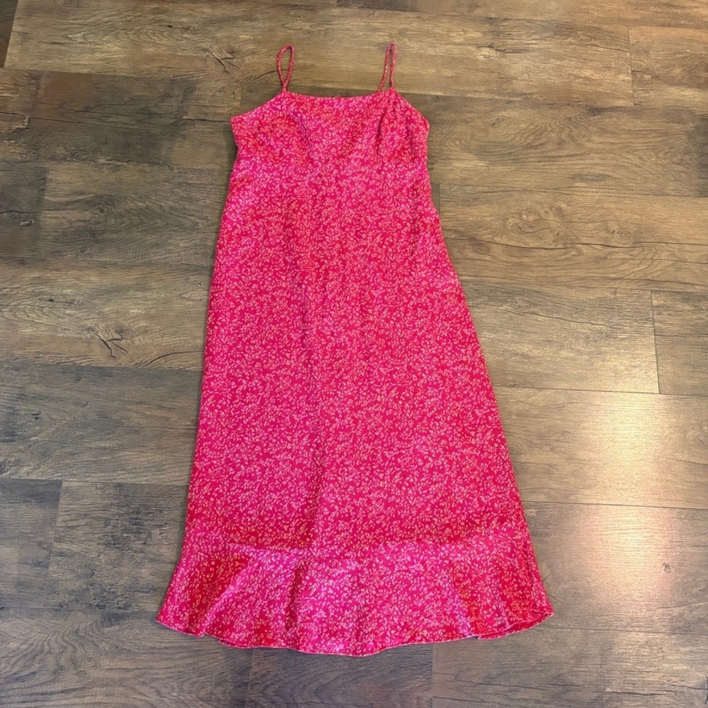 Vintage Gap Mid Dress Womens 4 Pink Floral Ruffle Hem Rayon Spaghetti Strap Y2K